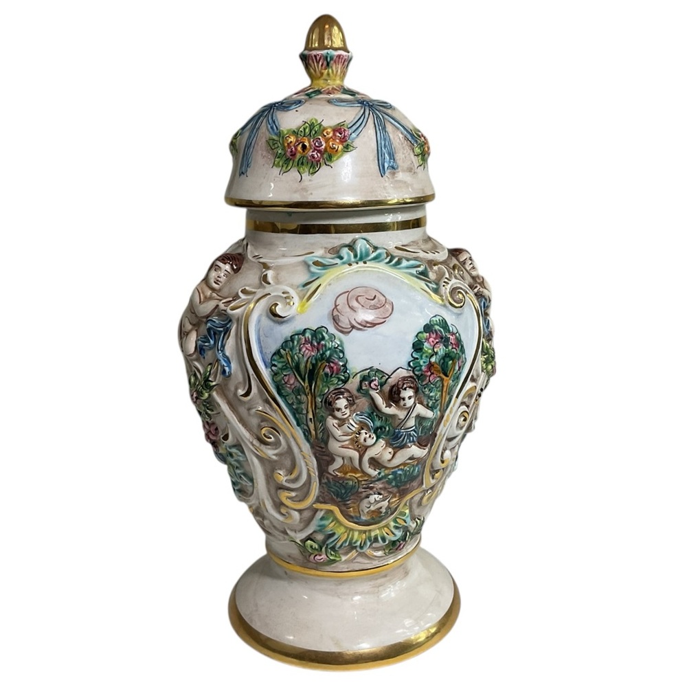 Vintage Capodimonte 3D Figural Cherubs With Flowers Lidded Ginger Jar Urn Italy - Picture 6 of 12